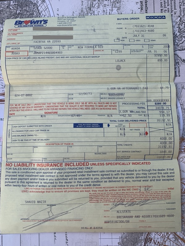 Original purchase document