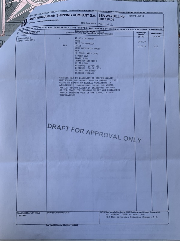 MSC shipping invoice