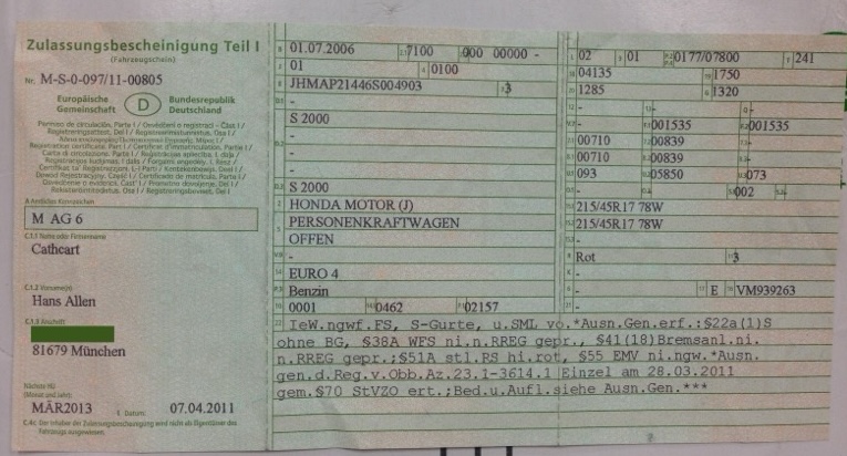 German Registration document -- the small one.