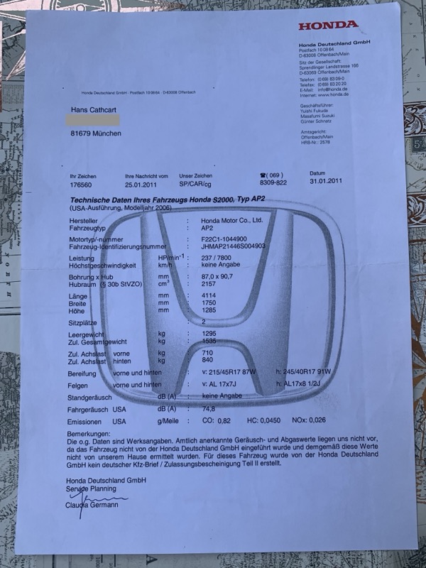 Datasheet from Honda, required for German registration.